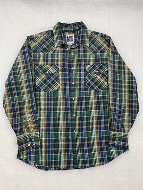Rock Creek Vintage Pearl Snap Western Shirt Plaid Long Sleeve Blue Green Men's L